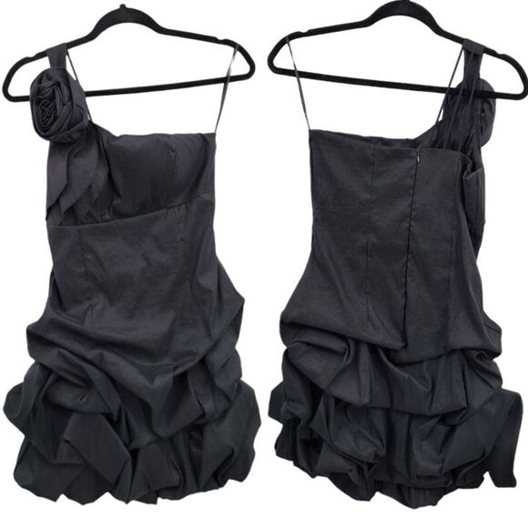 Forever 21 Dress Cocktail Avant-garde One Shoulder Ruffle 3D Rosette Black Sz M - Picture 1 of 10